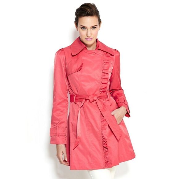 New! JESSICA SIMPSON Ruffle-Front Belted Trench Coat Plus Size Coral Color 1X - Picture 1 of 5